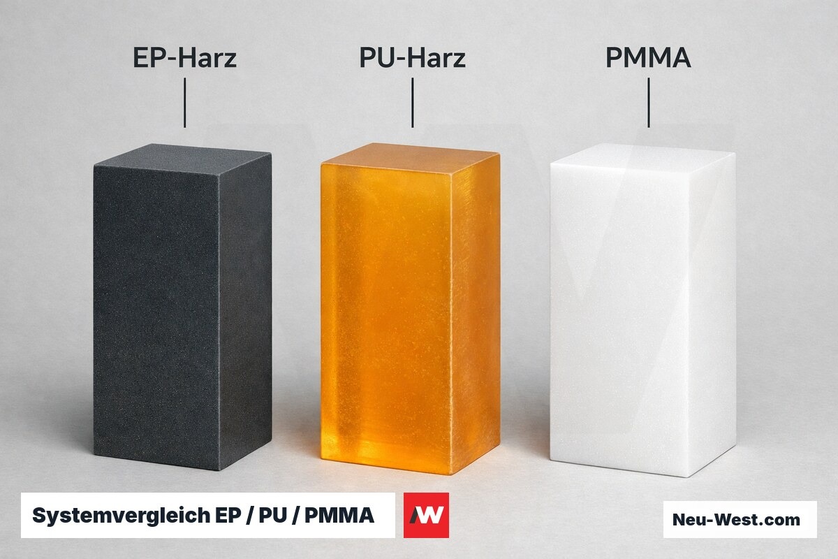 Systemvergleich EP / PU / PMMA: Feuchtetoleranz, UV-Stabilitaet und Kosten – Erklär-Grafik (NEUWEST Berlin)