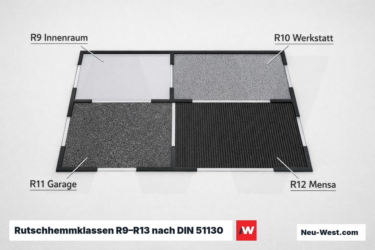 Rutschhemmklassen R9–R13 nach BGR 181: Mindestanforderung je Nutzungsbereich – Erklär-Grafik (NEUWEST Berlin)