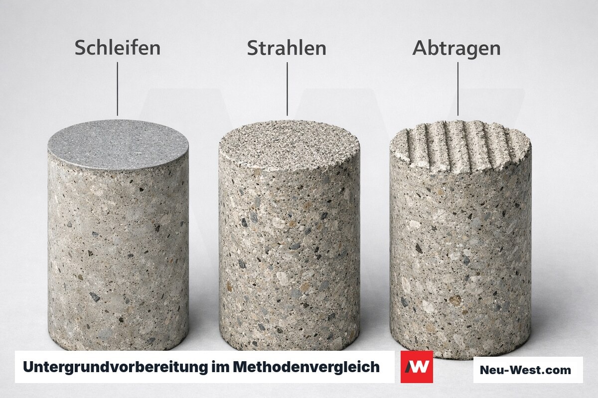 Untergrundvorbereitung im Methodenvergleich: Schleifen, Strahlen, Abtragen – Erklär-Grafik (NEUWEST Berlin)