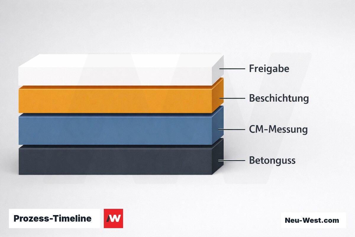 Prozess-Timeline: Wartezeiten und kritische Intervalle von Betonguss bis Nutzungsfreigabe – Erklär-Grafik (NEUWEST Berlin)