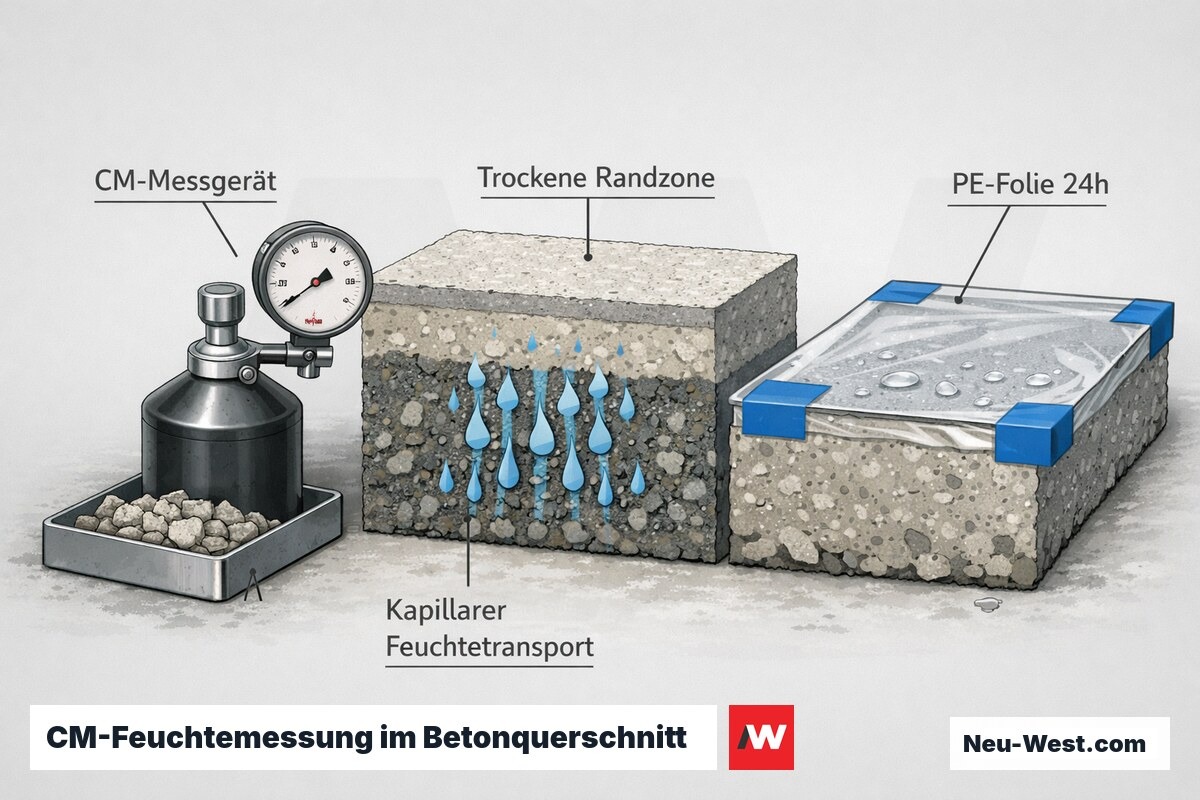 Querschnitt eines Betonbodens mit CM-Messgerät, kapillarem Feuchtetransport aus der Tiefe und PE-Folie zur zweiten Messung nach 24 Stunden.