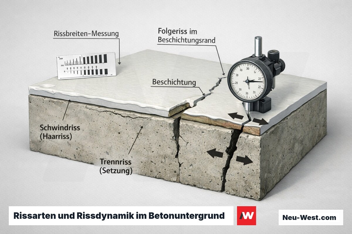 Querschnitt eines Betonuntergrunds mit flachem Schwindriss und tiefem Trennriss, Beschichtung mit Folgeriss am Rand und Rissbreiten-Messgeraet.