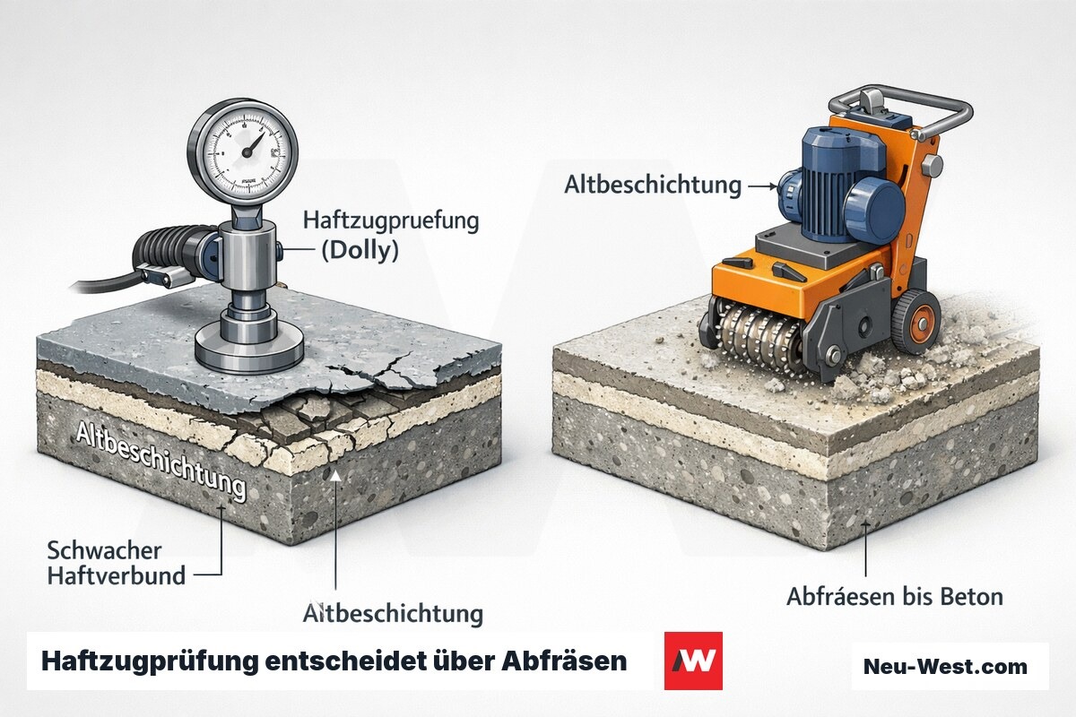 Erklär-Illustration: Haftzugprüfung einer Altbeschichtung mit Dolly-Gerät und Abfräsen bei Haftverbund unter 1,0 N/mm² bis auf den Beton.