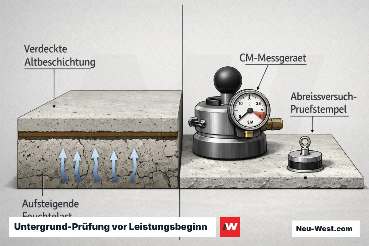 Querschnitt: Betonuntergrund mit verdeckter Altbeschichtung und Feuchte, daneben CM-Messgeraet und Abreißversuch-Prüfstempel zur Untergrundprüfung.