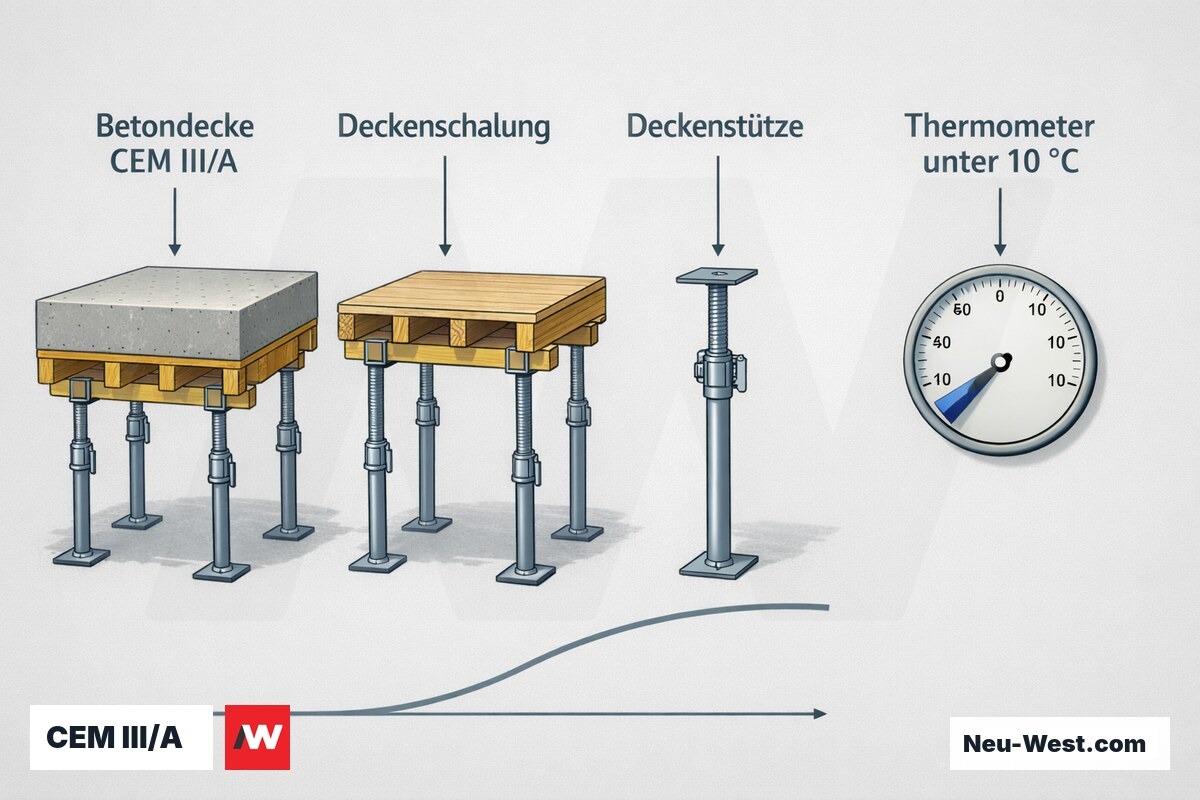 Erklär-Grafik: Betondecke aus CEM III/A in Deckenschalung mit Stützen, Thermometer unter 10 °C und langsamer Festigkeitsentwicklung bis zum Ausschalen.