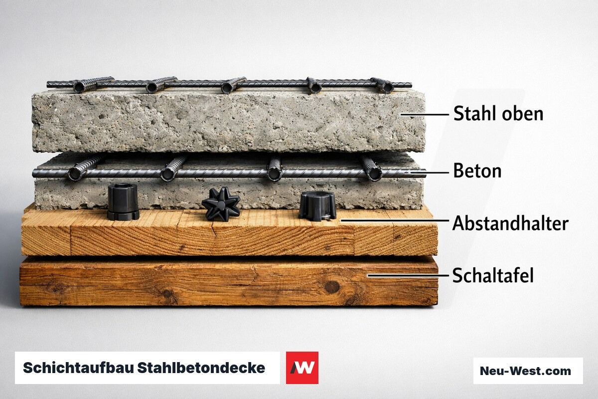 Schichtaufbau Stahlbetondecke mit Abstandhaltern und Mindestbetondeckung – Erklär-Grafik (NEUWEST Berlin)
