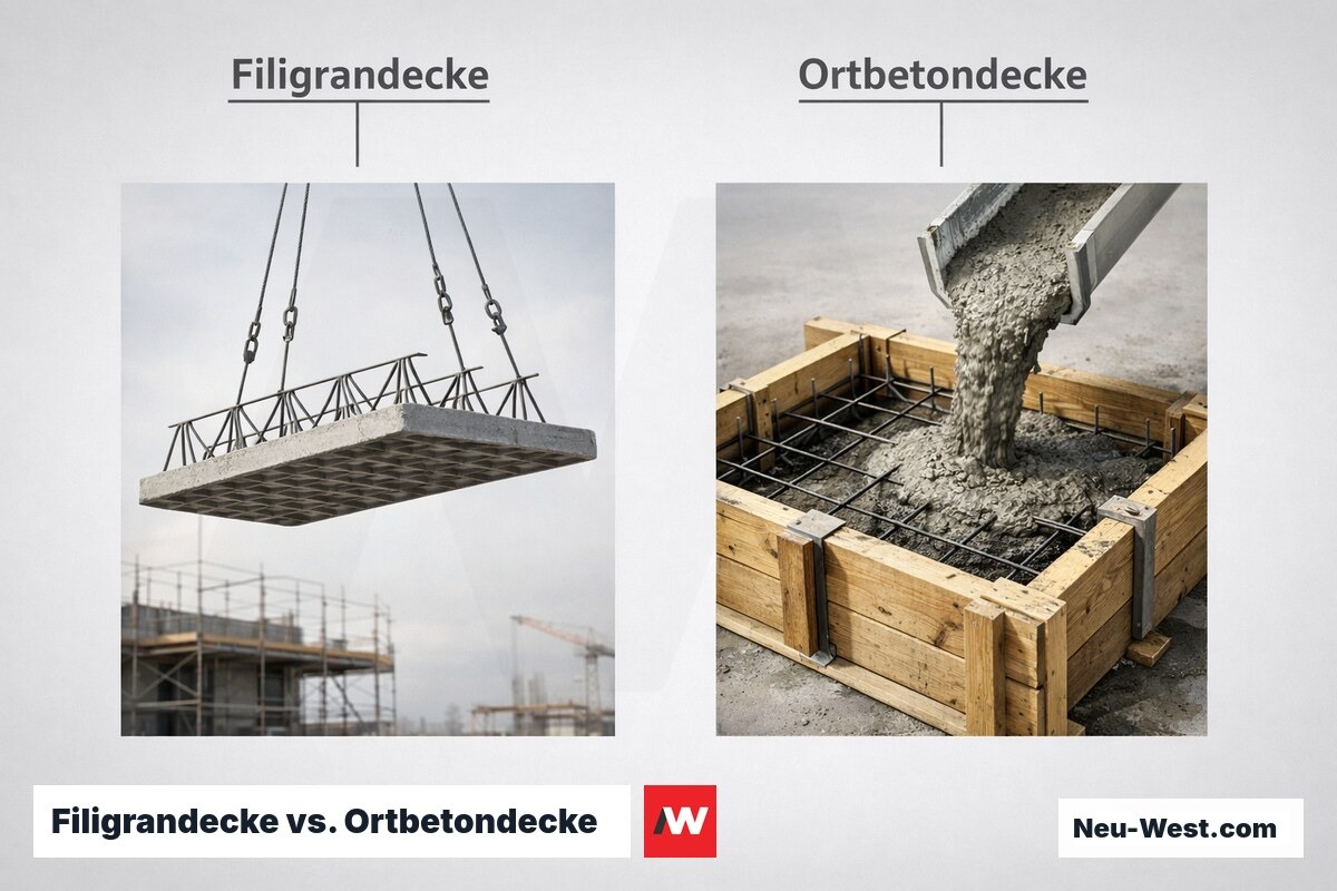 Filigrandecke vs. Ortbetondecke: Entscheidungskriterien im Vergleich – Erklär-Grafik (NEUWEST Berlin)