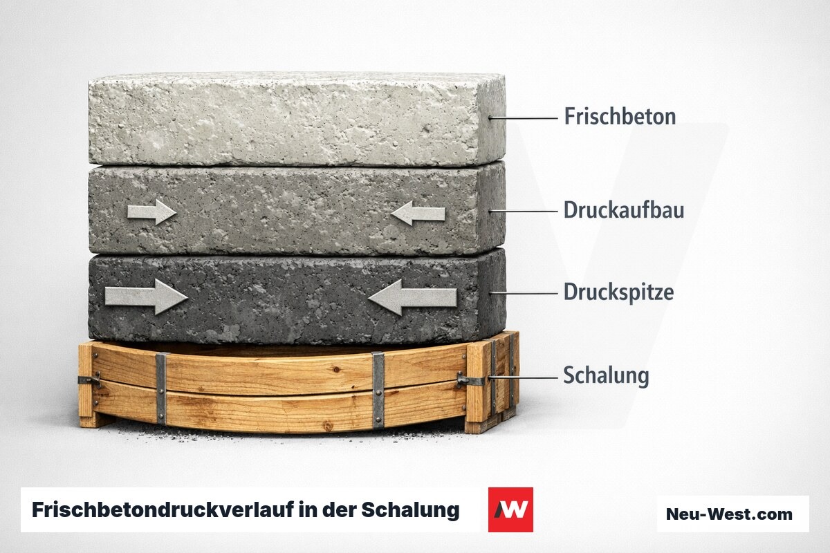 Frischbetondruckverlauf in der Schalung: Druckspitzen bei schnellem Betonieren – Erklär-Grafik (NEUWEST Berlin)