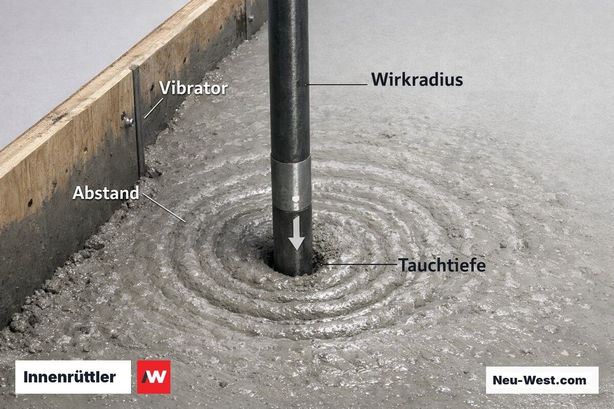 Innenrüttler: Wirkungsradius, Eintauchtiefe und Grenzabstand zur Schalung – Erklär-Grafik (NEUWEST Berlin)