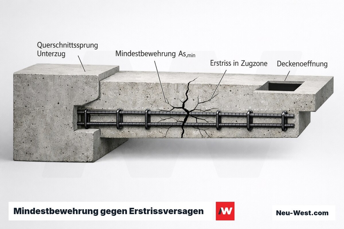 Betonquerschnitt mit Mindestbewehrung As,min in der Zugzone, verteilten Rissen und Querschnittssprung am Unterzug mit Deckenöffnung.