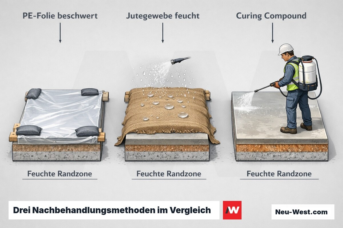 Erklär-Grafik: drei Nachbehandlungsmethoden für frischen Beton – beschwerte PE-Folie, feuchtes Jutegewebe und aufgesprühtes Curing Compound im Vergleich.