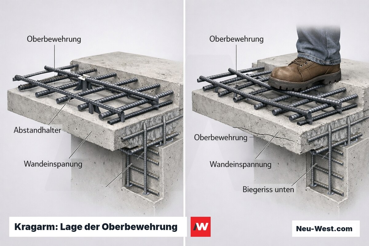 Querschnitt eines Stahlbeton-Kragarms: korrekt hochgelagerte Oberbewehrung mit Abstandhaltern gegenueber nach unten getretener Bewehrung mit Biegeriss.
