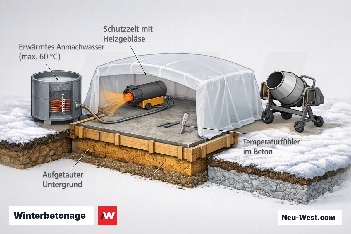 Schnittzeichnung einer Winterbetonage-Baustelle mit Schutzzelt, Heizgebläse, erwärmtem Anmachwasser und aufgetautem Untergrund.