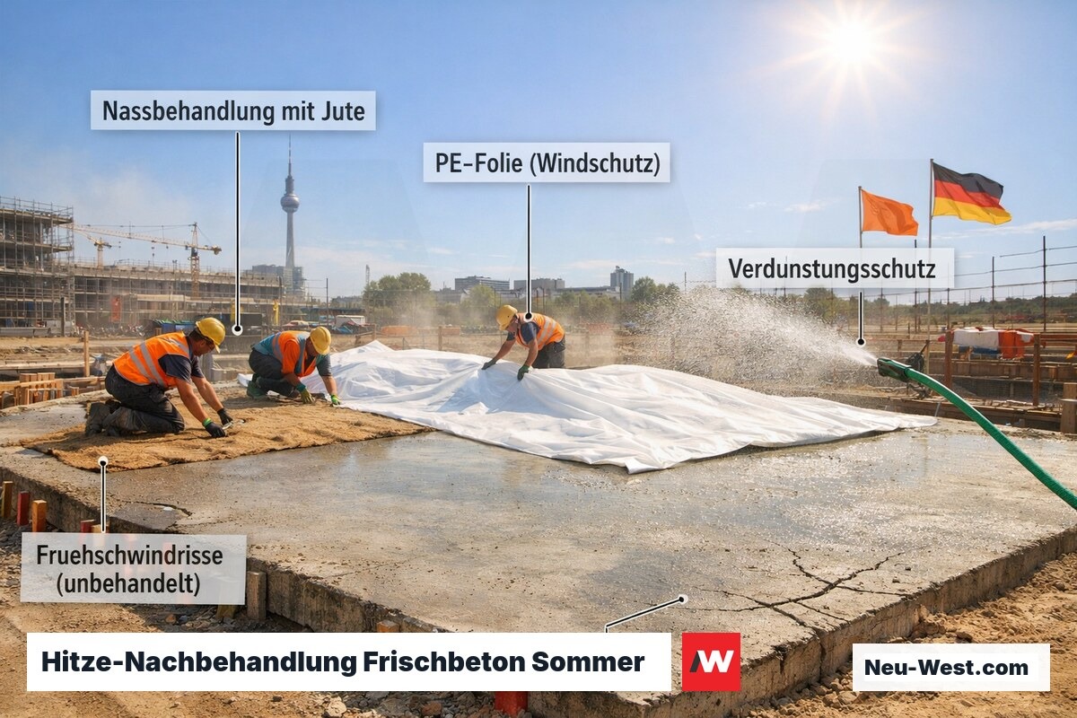 Frischbetonplatte im Sommer mit Nassbehandlung durch Jutematten und PE-Folie; unbehandelter Bereich zeigt Frühschwindrisse