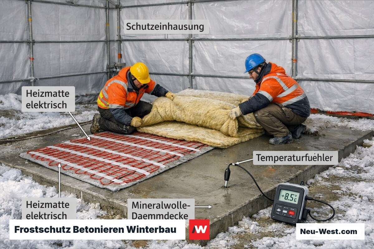 Frischbetonplatte im Winter geschützt durch elektrische Heizmatte und Dämmdecke unter Schutzeinhausung bei Minustemperaturen