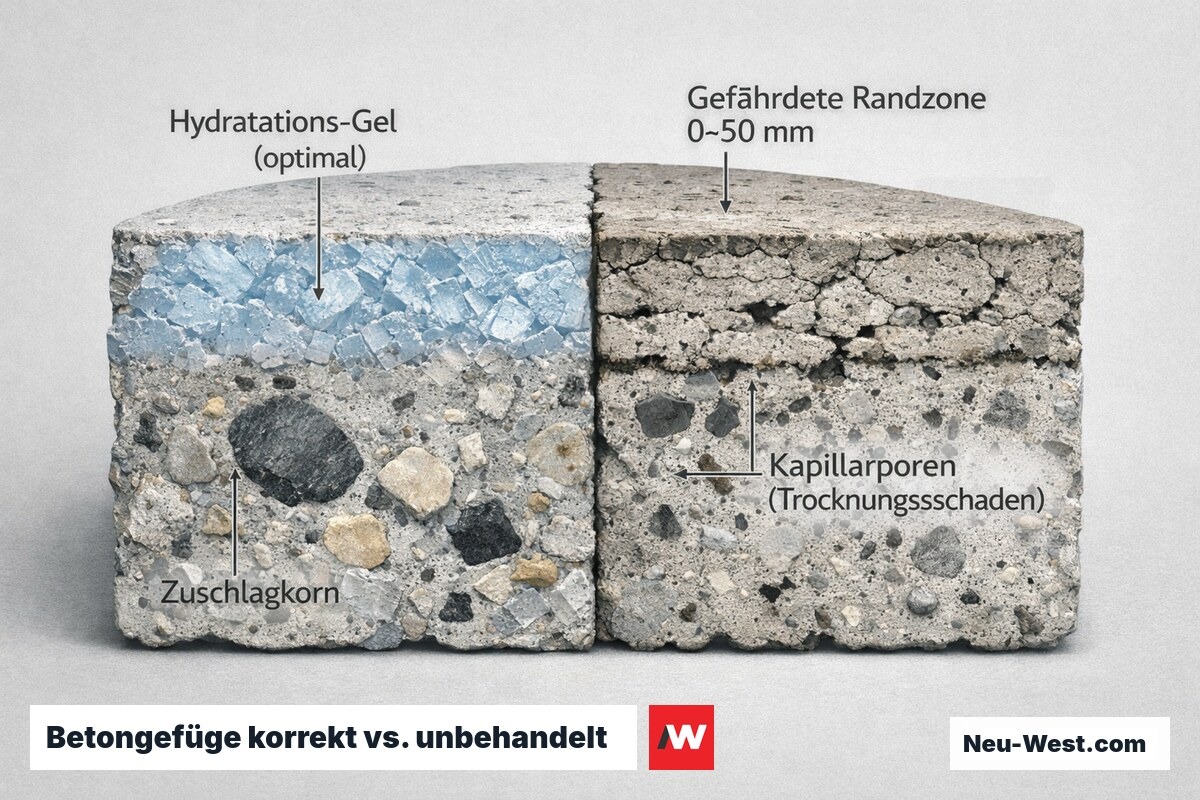 Betonquerschnitt im Vergleich: links optimal hydratisiertes dichtes Gefüge, rechts Kapillarporen und Mikrorisse durch fehlende Nachbehandlung