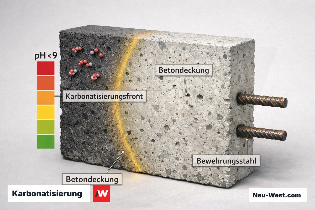 Querschnitt Stahlbetonwand mit einrückender Karbonatisierungsfront und pH-Wert-Farbskala, Bewehrungsstahl tief im Kern