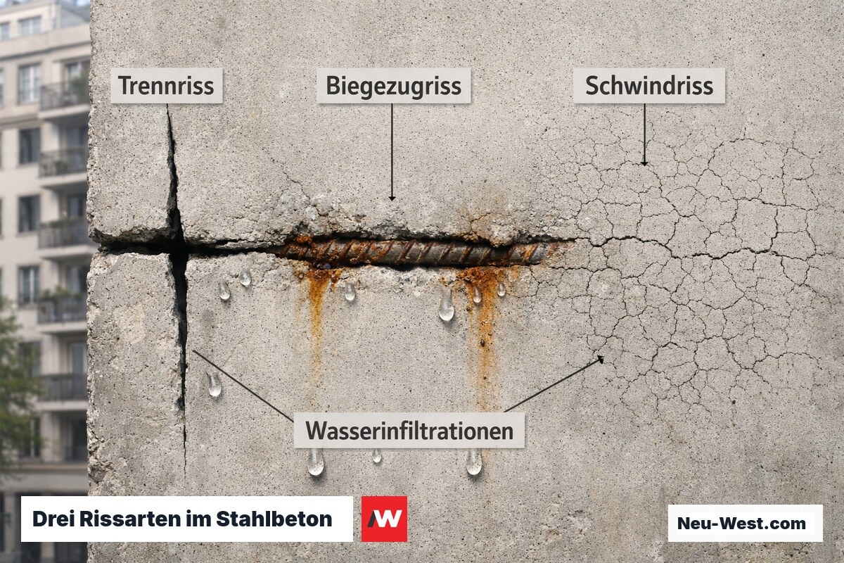 Betonoberfläche mit drei typischen Rissarten: Trennriss, Biegezugriss und Schwindrisse, mit Wassereindringlehren