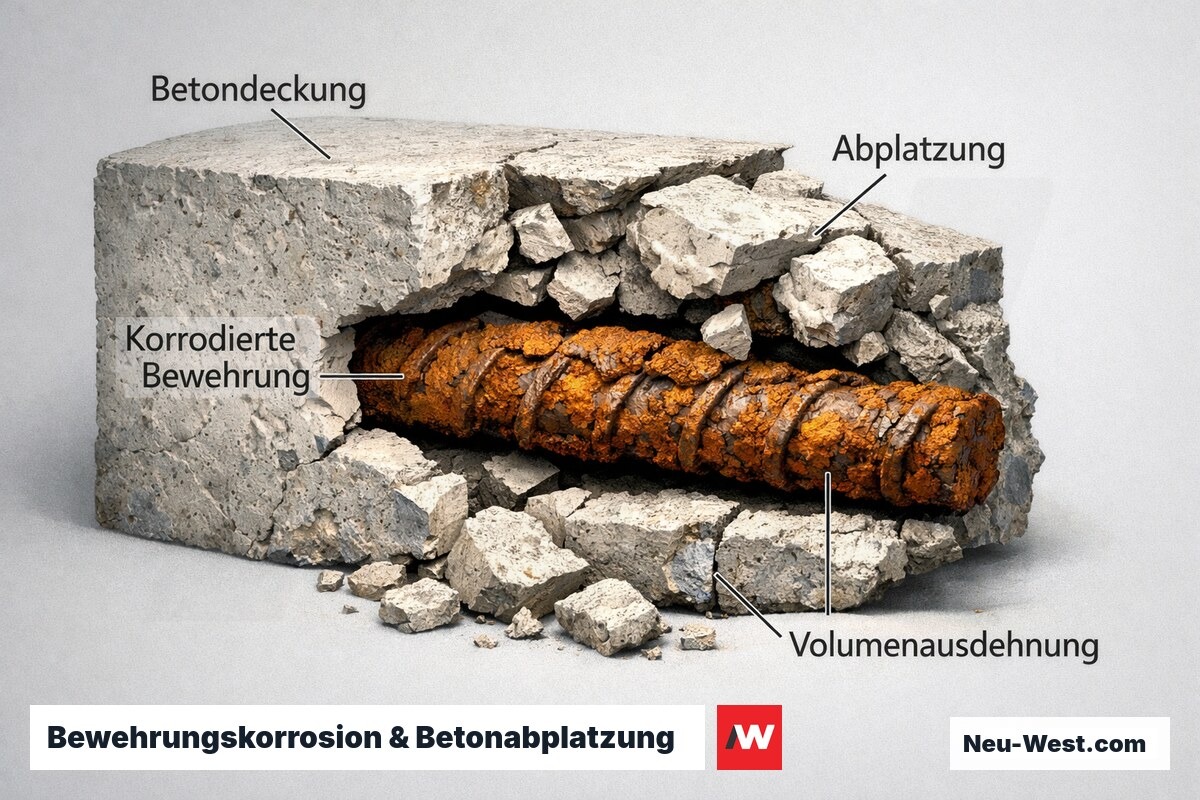 Schnittdarstellung korrodierter Bewehrung mit Rostausdehnung, abplatzender Betondeckung und freiliegendem Stahl