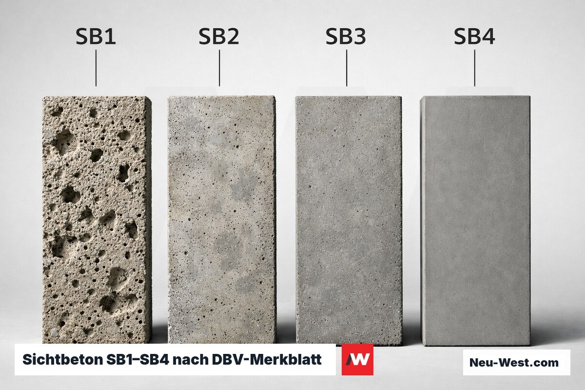 Sichtbeton SB1–SB4 nach DBV-Merkblatt: Porigkeit und Oberflaeche im Vergleich – Erklär-Grafik (NEUWEST Berlin)