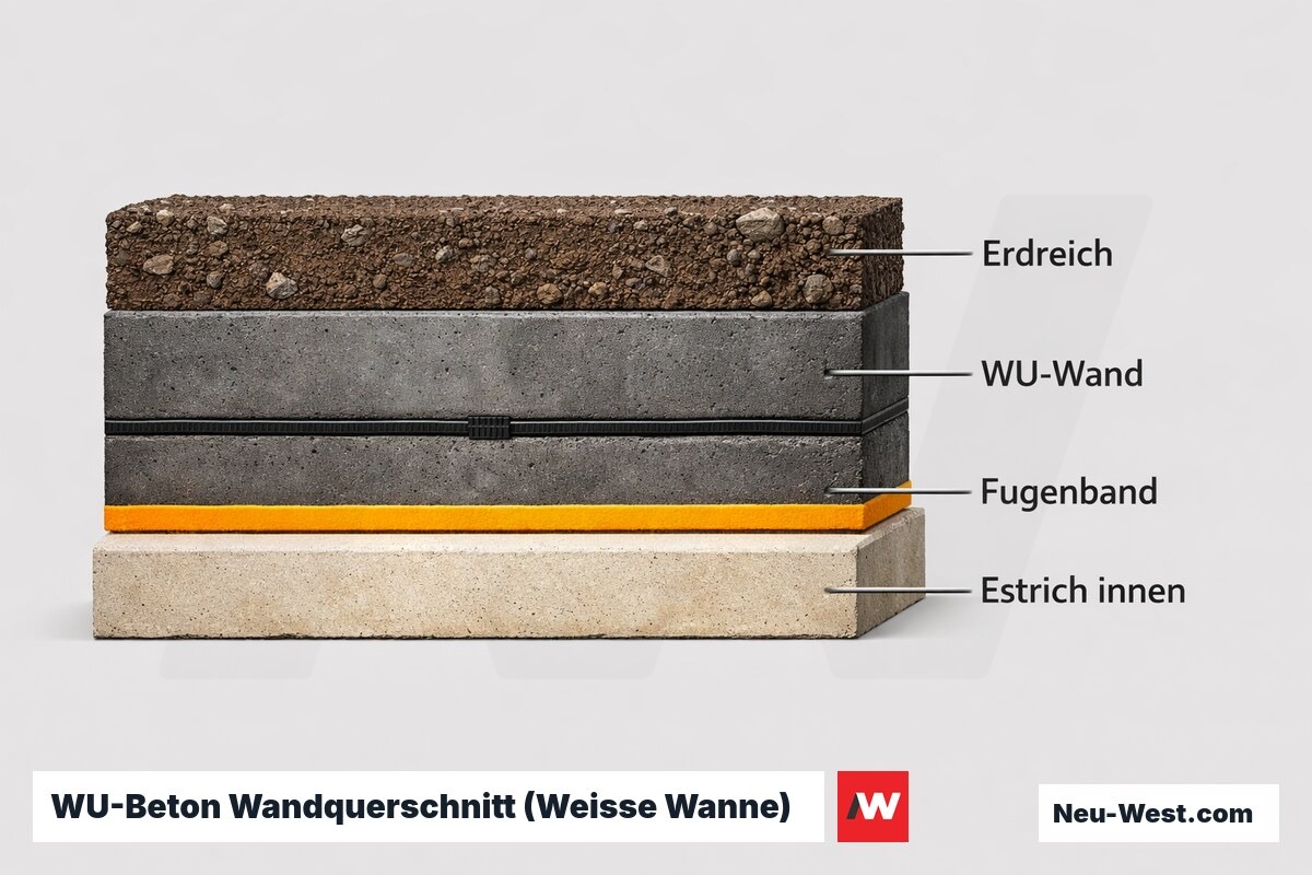 WU-Beton Wandquerschnitt (Weisse Wanne): Schichtfolge und Fugenabdichtung – Erklär-Grafik (NEUWEST Berlin)