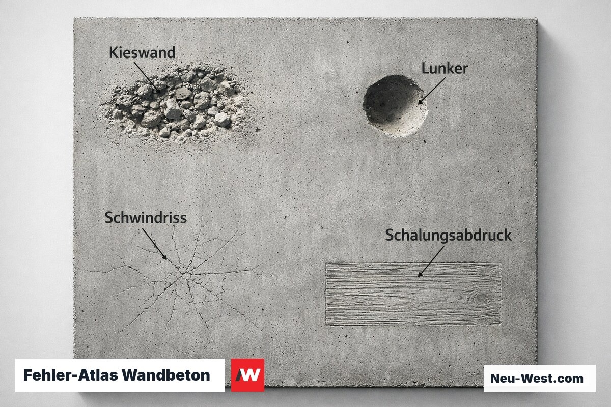 Fehler-Atlas Wandbeton: Kieswand, Lunker, Schwindriss und Schalungsabdruck – Erklär-Grafik (NEUWEST Berlin)