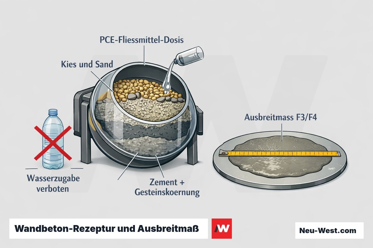Cutaway-Grafik einer Wandbeton-Mischung mit PCE-Fließmittel, Zement, Gesteinskörnung und Ausbreitmaß-Test F3/F4 sowie verbotener Wasserzugabe.