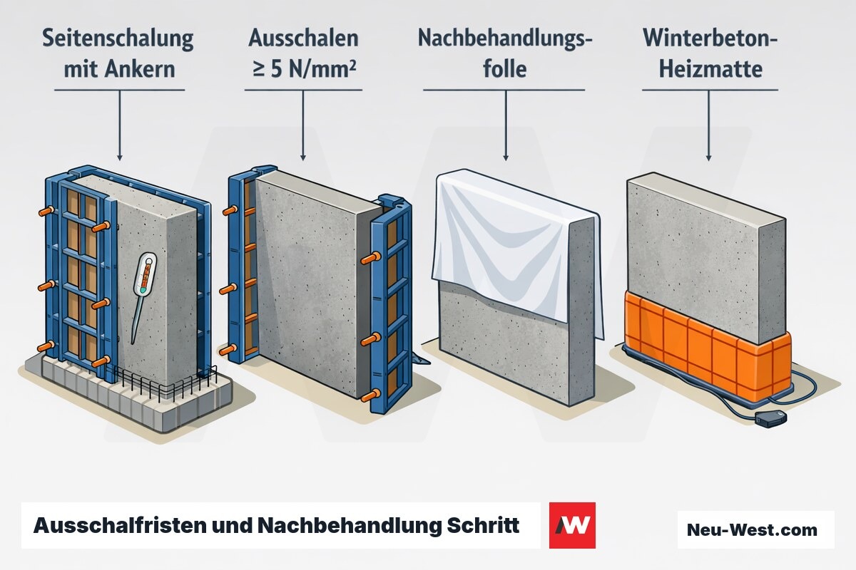 Prozessgrafik: eingeschalte Betonwand, Ausschalen bei 5 N/mm², Nachbehandlung mit Folie und Heizmatte für Winterbetonage.
