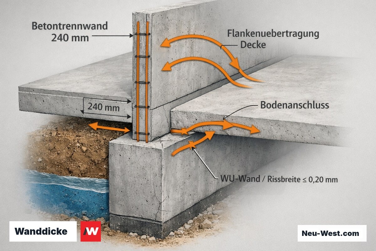 Querschnitt einer Stahlbeton-Trennwand mit Wanddicke, Flankenübertragung über Decke und Boden sowie WU-Wand mit Rissbreitenbegrenzung.