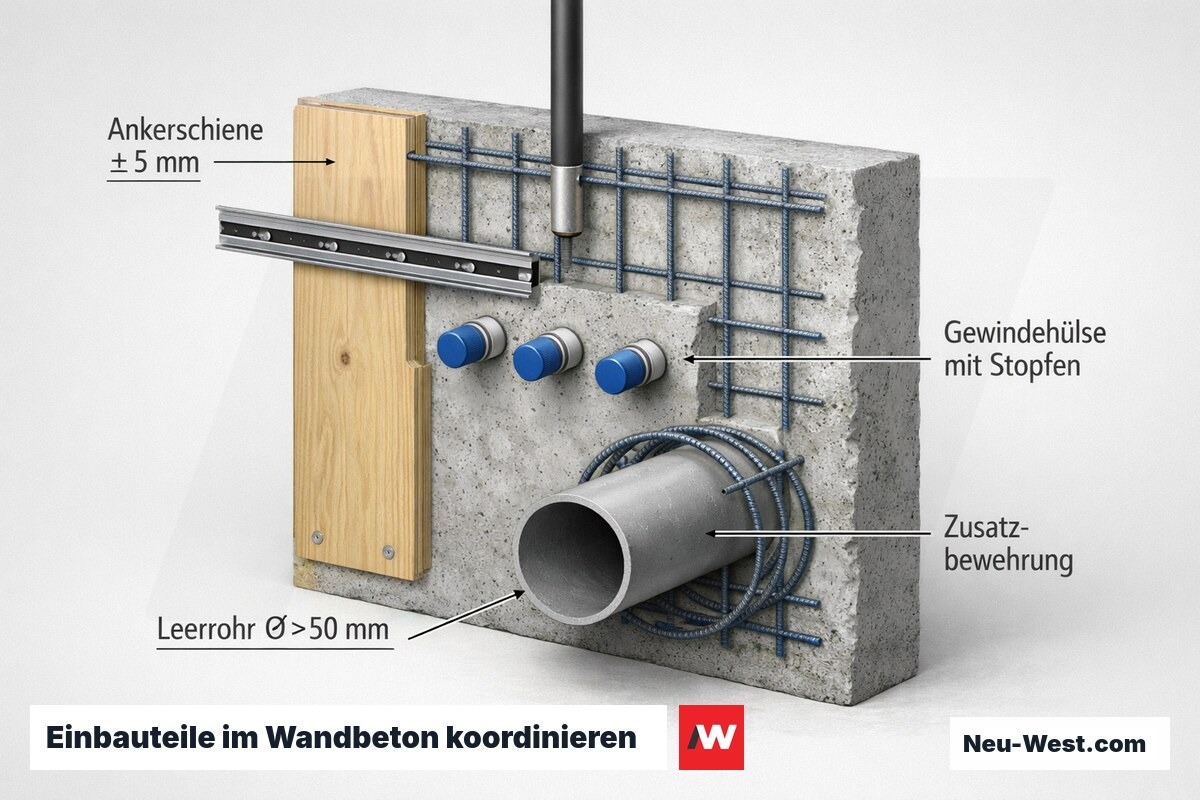 Cutaway-Grafik einer Betonwand mit Ankerschiene, verschlossenen Gewindehülsen, Leerrohr mit Zusatzbewehrung und Bewehrungsmatte.