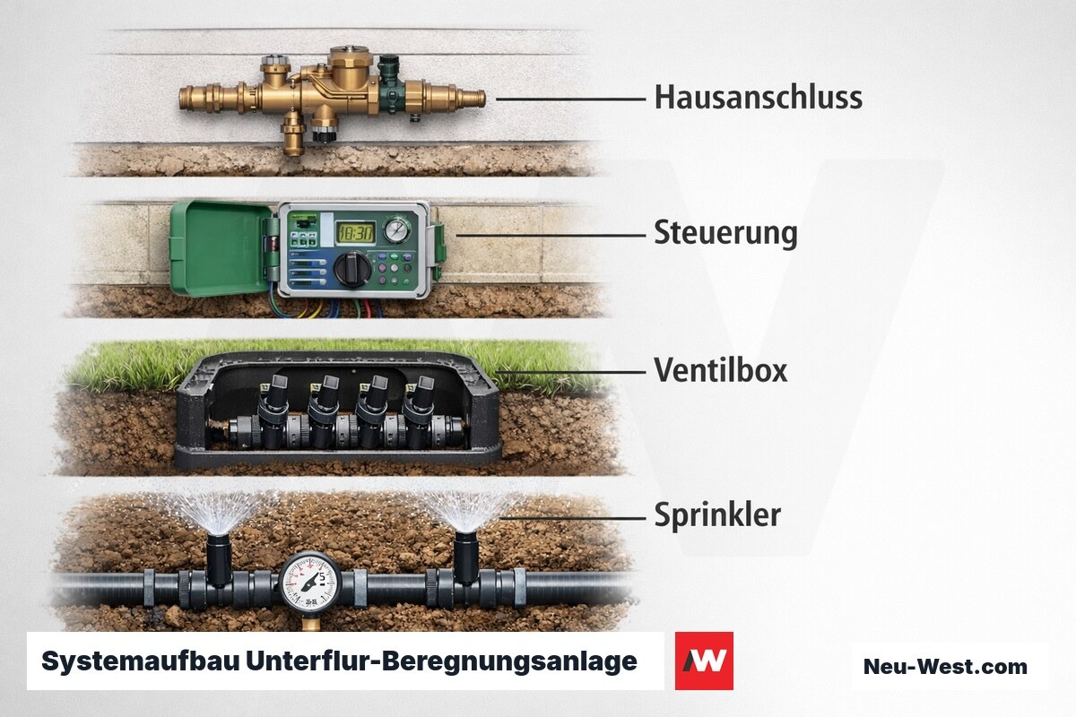 Systemaufbau Unterflur-Beregnungsanlage (Druckwerte je Ebene) – Erklär-Grafik (NEUWEST Berlin)