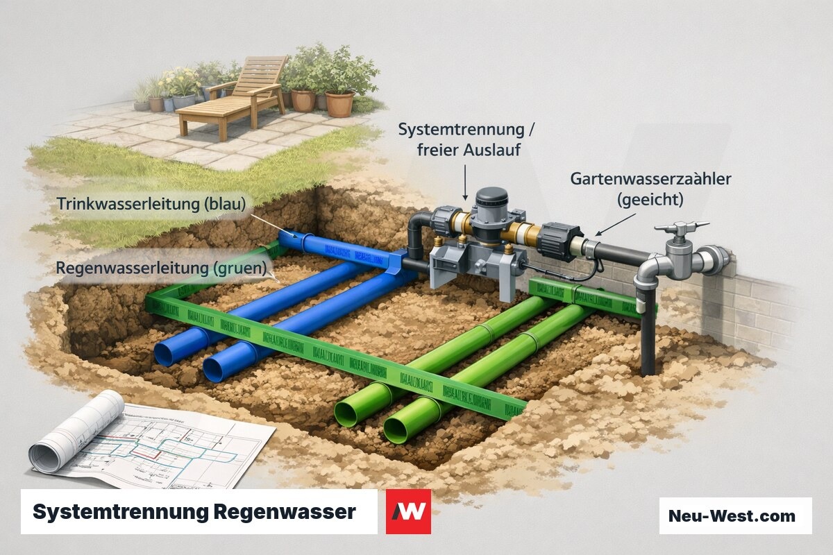 Cutaway zweier getrennter erdverlegter Leitungen: blaue Trinkwasser- und grüne Regenwasserleitung mit Systemtrennung, Bestandsplan und geeichtem Gartenwasserzähler.