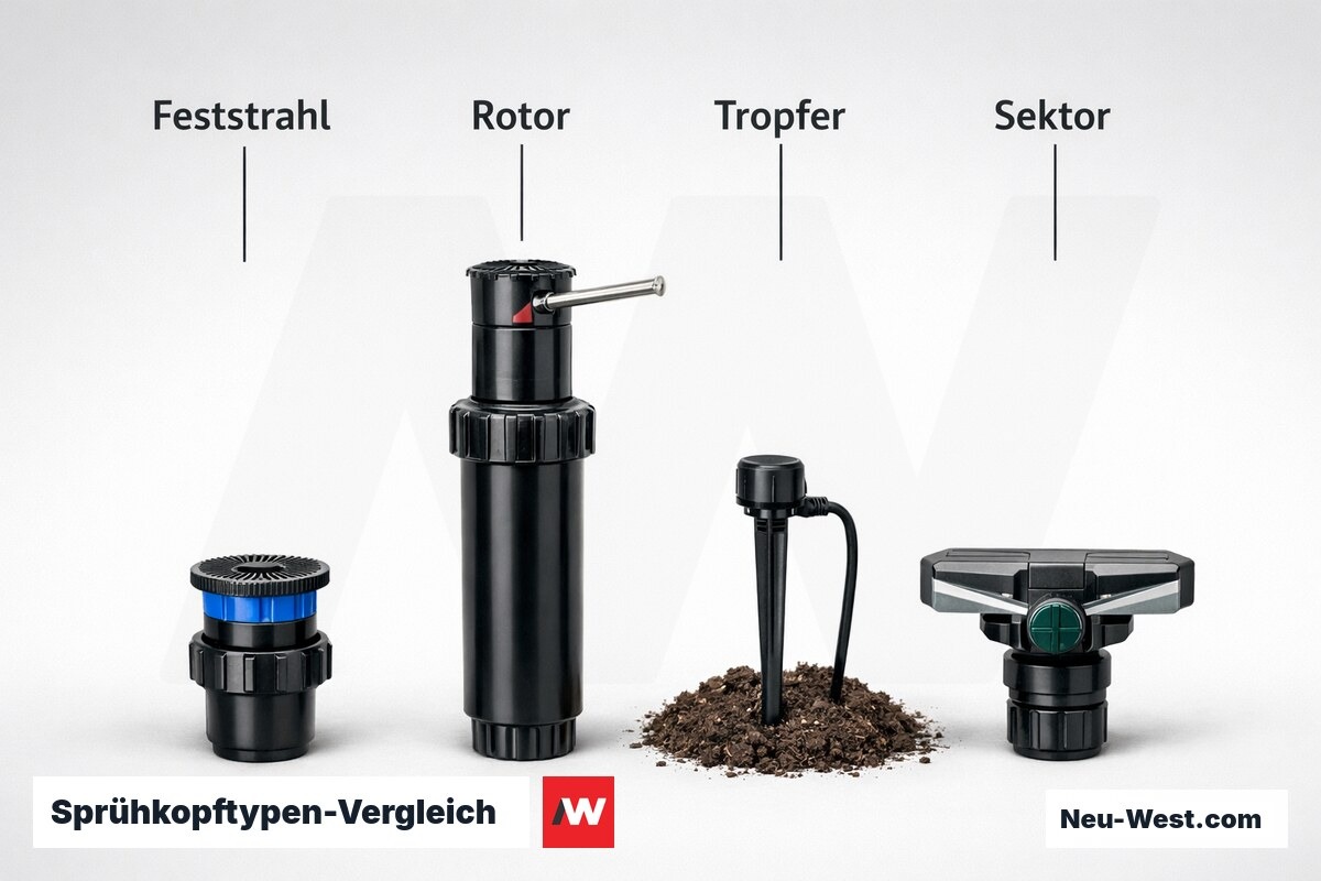 Sprühkopftypen-Vergleich: Druck, Reichweite, Flächentyp – Erklär-Grafik (NEUWEST Berlin)