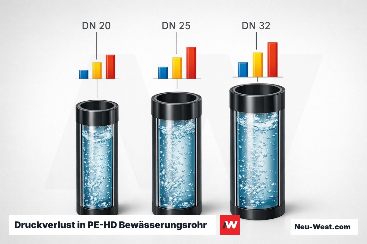 Druckverlust in PE-HD Bewässerungsrohr nach Nenndurchmesser – Erklär-Grafik (NEUWEST Berlin)