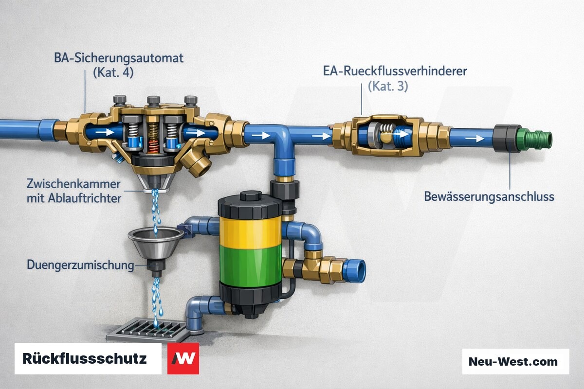 Querschnitt eines Wasseranschlusses mit BA-Sicherungsautomat für Düngerwasser und EA-Rückflussverhinderer für Brauchwasser nach DIN EN 1717.