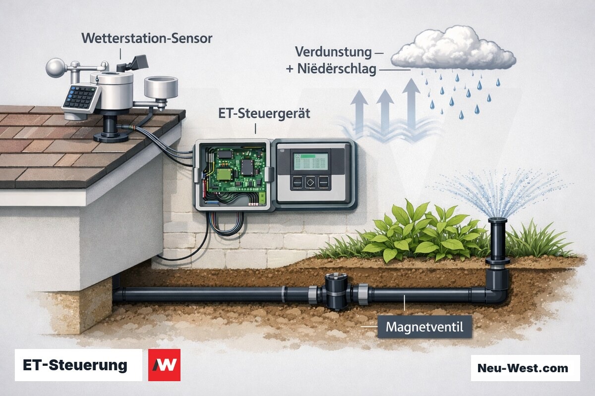 Diagramm einer witterungsgeführten ET-Bewässerungssteuerung mit Wetterstation, Steuergerät, Verdunstungs- und Regenfaktoren sowie Magnetventil am Sprinkler.