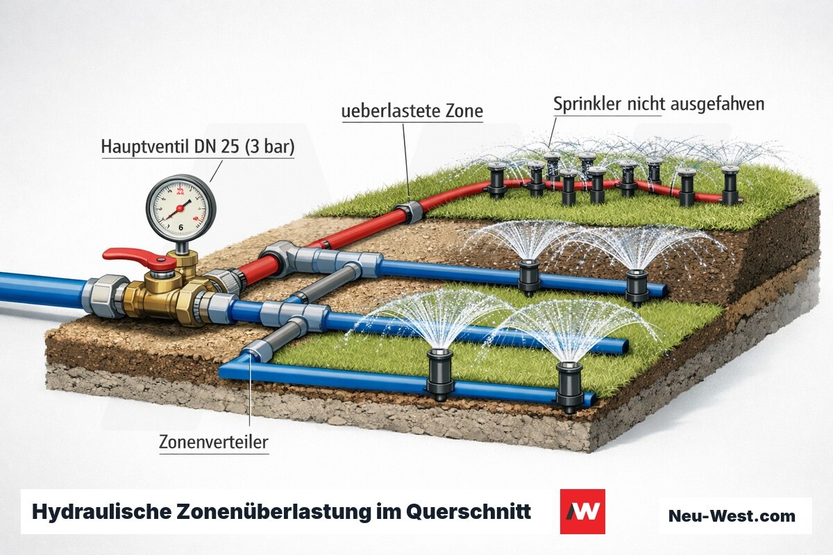 Querschnitt einer Gartenbewässerung: Hauptventil DN 25 verteilt Wasser auf drei Zonen, überlastete Zone mit zu vielen Düsen und Druckabfall.