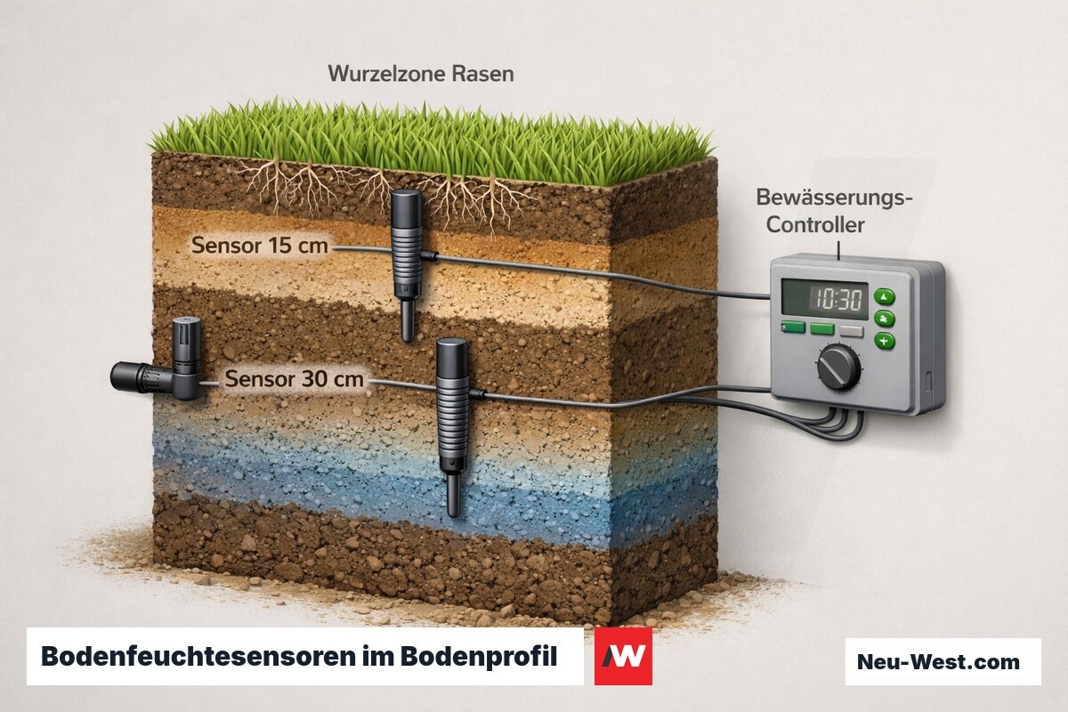 Querschnitt eines Rasenbodens mit kapazitiven Bodenfeuchtesensoren in 15 und 30 cm Tiefe, verbunden mit einem Bewässerungs-Controller.