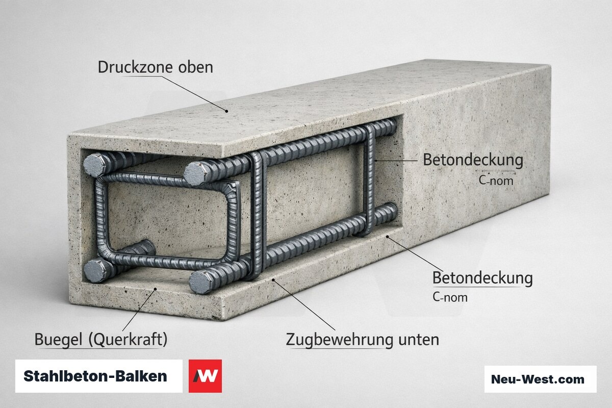 Technischer Querschnitt eines Stahlbetonbalkens mit Druck- und Zugzone, Bügeln und Betondeckung
