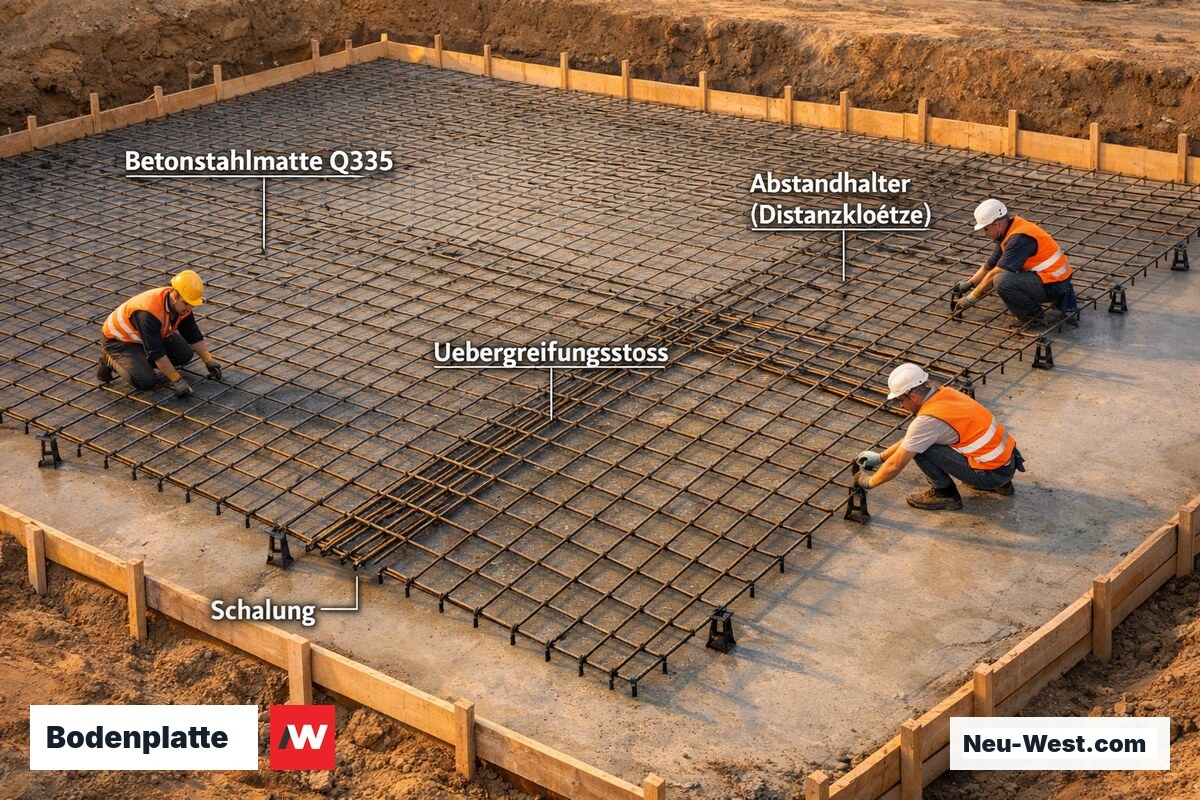 Bauarbeiter verlegen geschweißte Betonstahlmatten auf einer Fundamentbodenplatte mit Abstandhaltern