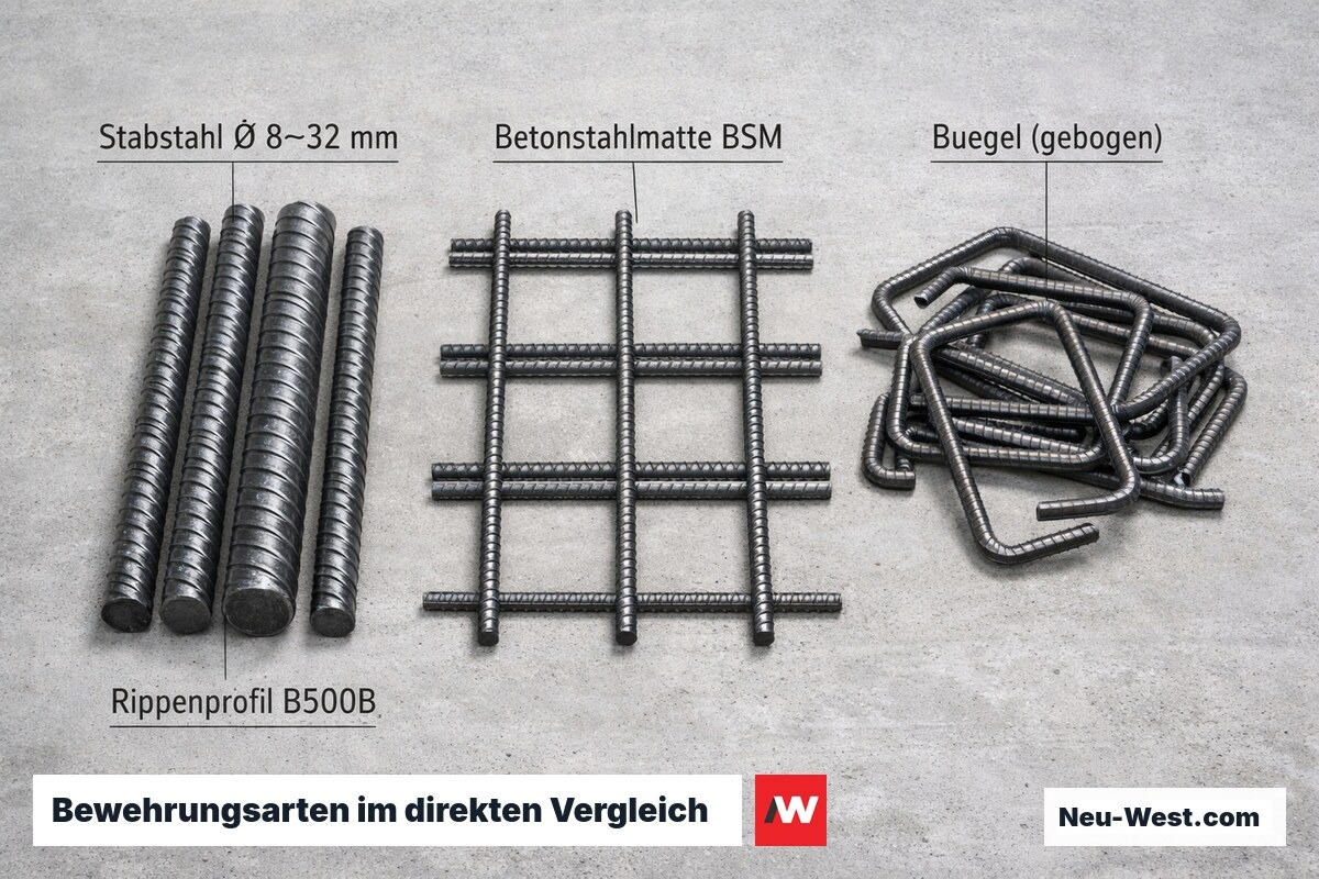 Drei Bewehrungsarten nebeneinander: Stabstähle, Betonstahlmatte und fertig gebogene Bügel aus B500B-Stahl