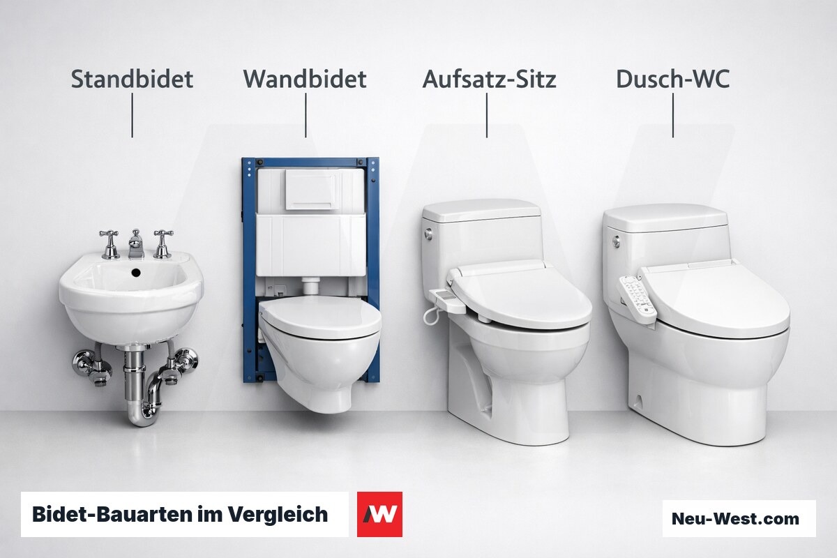 Bidet-Bauarten im Vergleich: Anschluss, Platzbedarf, Nachrüstbarkeit – Erklär-Grafik (NEUWEST Berlin)