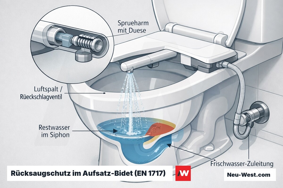 Querschnitt eines Aufsatz-Bidets mit Sprüharm, integriertem Rücksaugschutz aus Luftspalt und Rückschlagventil sowie Restwasser in der WC-Schüssel.