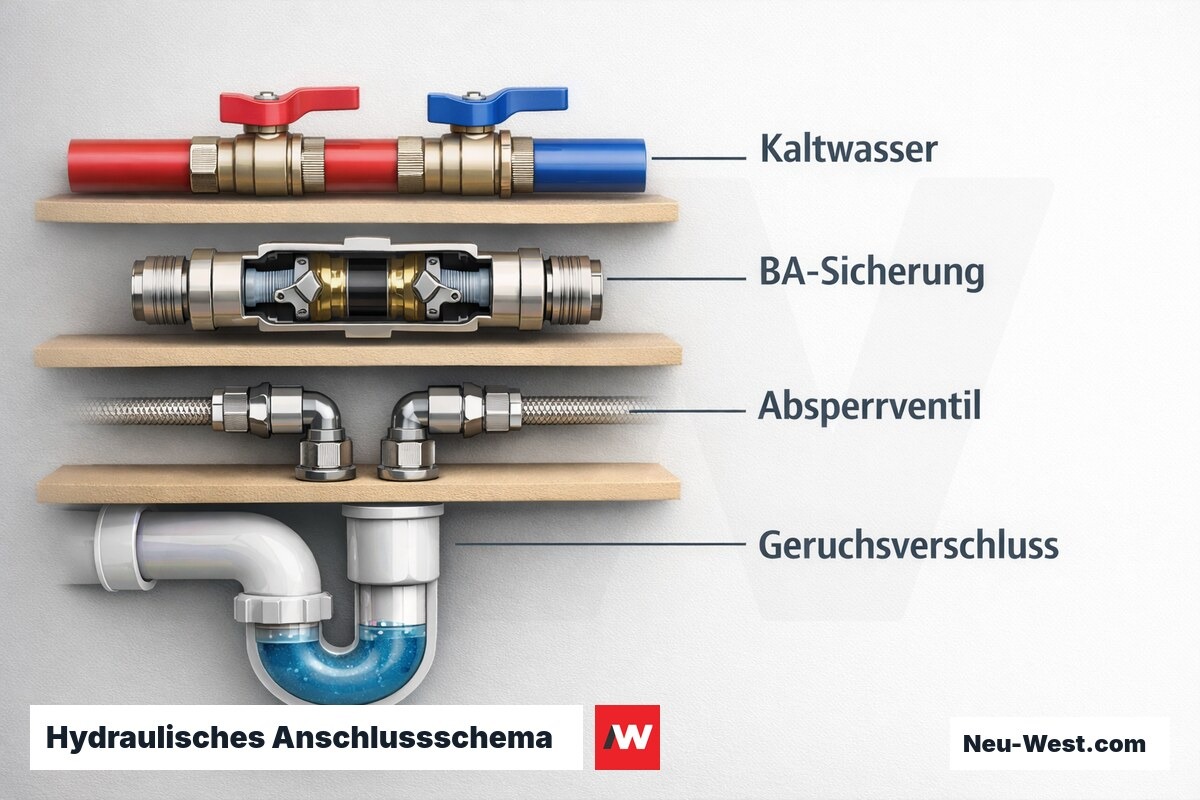 Hydraulisches Anschlussschema: Sicherheitsbauteile nach EN 1717 – Erklär-Grafik (NEUWEST Berlin)