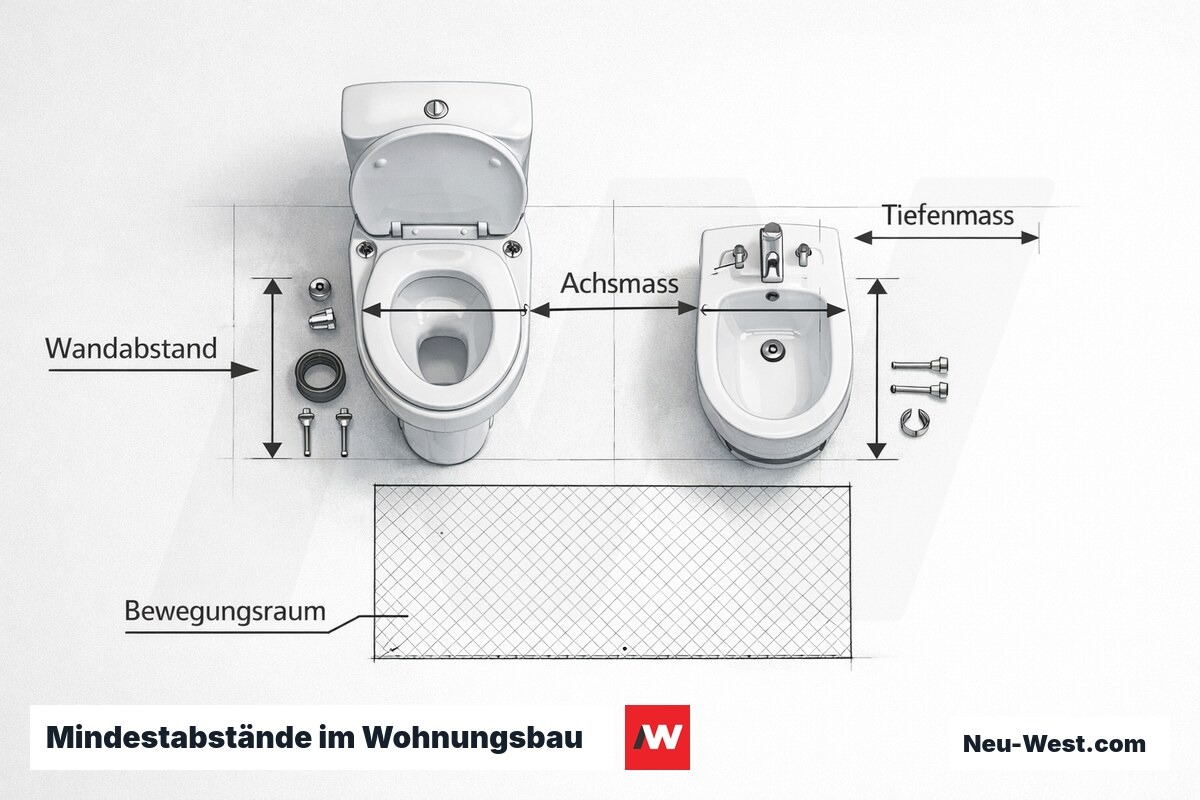 Mindestabstände im Wohnungsbau und nach DIN 18040-2 (Barrierefreiheit) – Erklär-Grafik (NEUWEST Berlin)