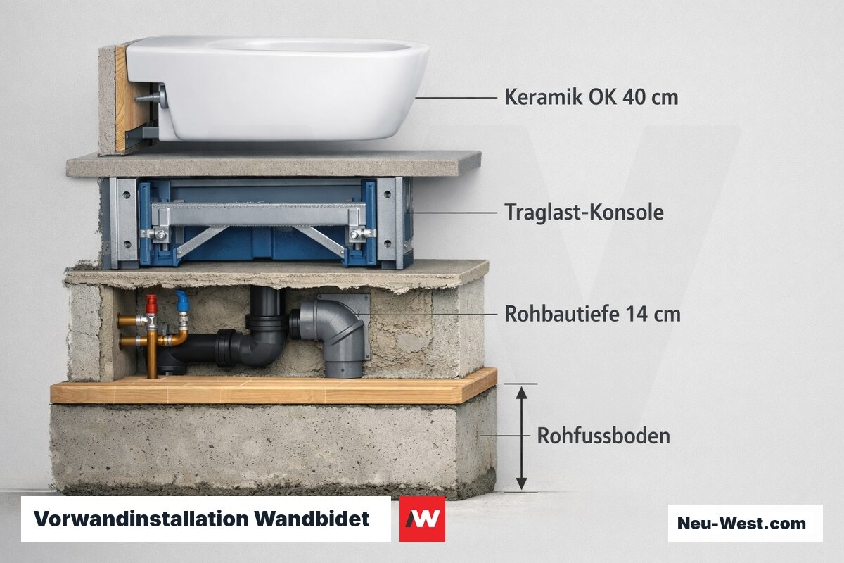 Vorwandinstallation Wandbidet: Rohbautiefe, Traglastkonsole, Normhöhen – Erklär-Grafik (NEUWEST Berlin)