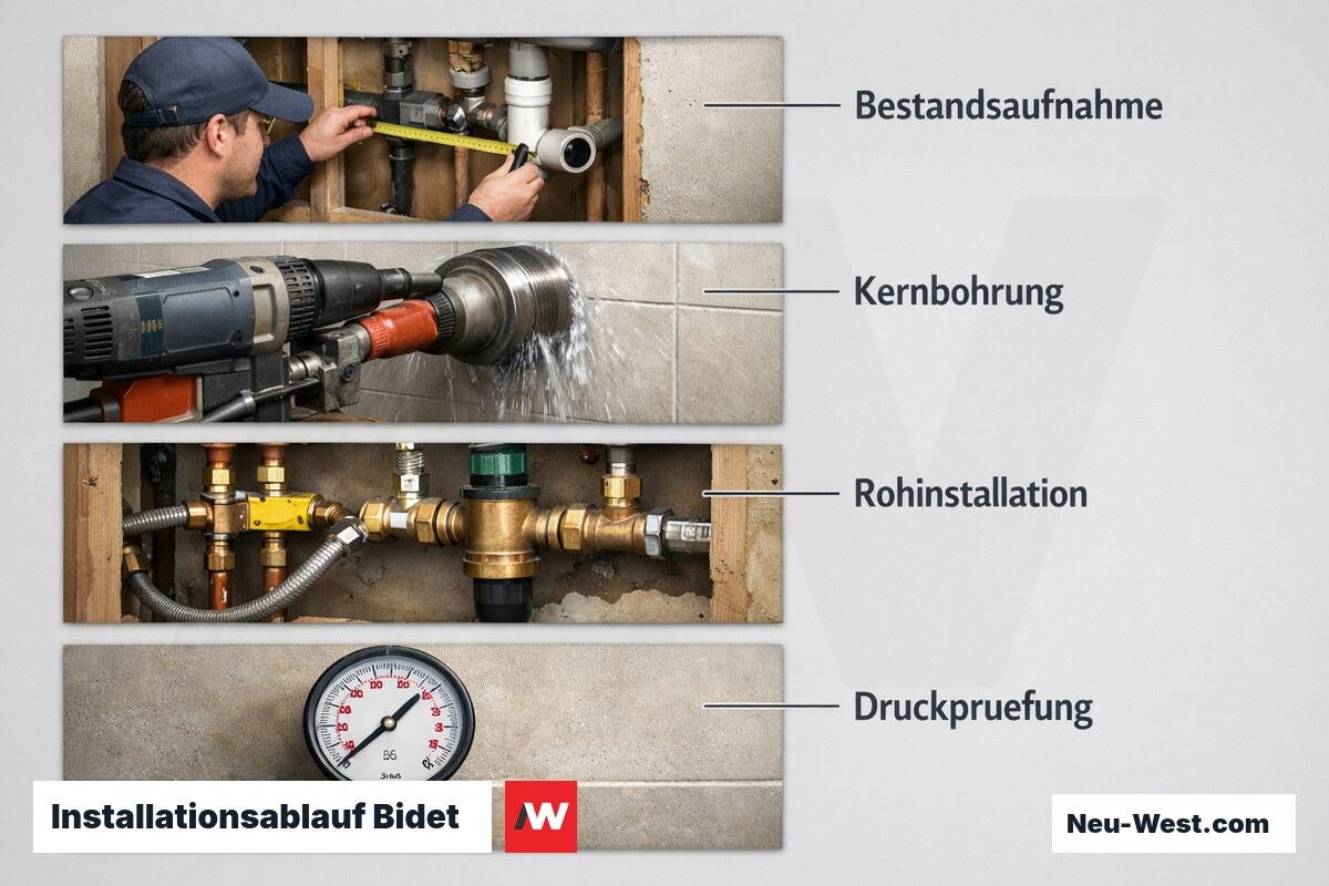 Installationsablauf Bidet: Von der Bestandsaufnahme bis zur Druckprüfung – Erklär-Grafik (NEUWEST Berlin)
