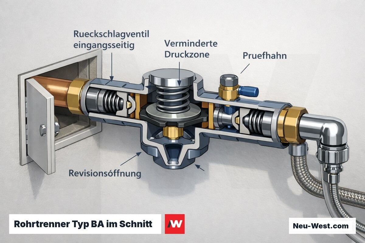 Schnittzeichnung eines Sicherungsapparats Typ BA am Bidet mit Rückschlagventilen, verminderter Druckzone, Prüfhahn und zugänglicher Revisionsöffnung.