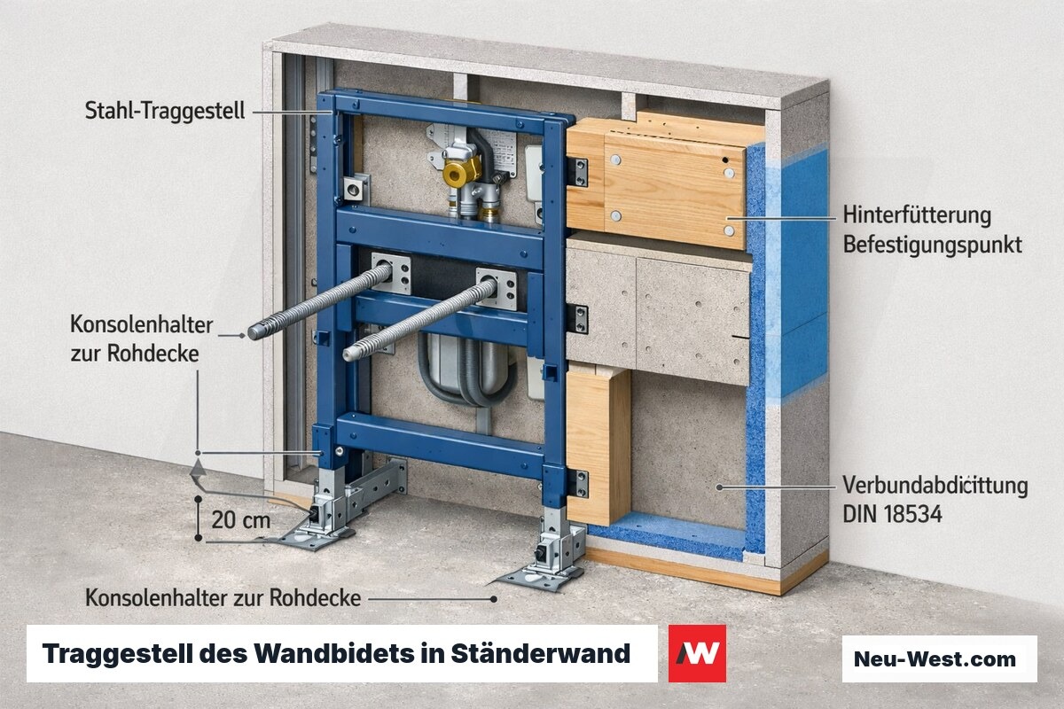 Querschnitt: Wandbidet an Stahl-Traggestell in Gipsständerwand mit Konsolenhaltern zur Rohdecke, hinterfütterten Platten und Verbundabdichtung.