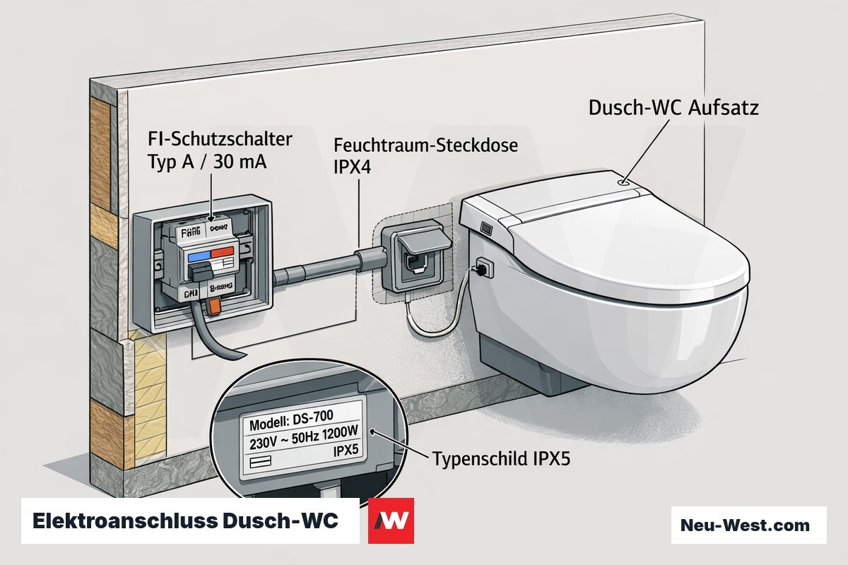 Cutaway-Grafik: FI-Schutzschalter Typ A 30 mA, spritzwassergeschützte Steckdose und Typenschild mit IP-Schutzklasse am elektronischen Dusch-WC.
